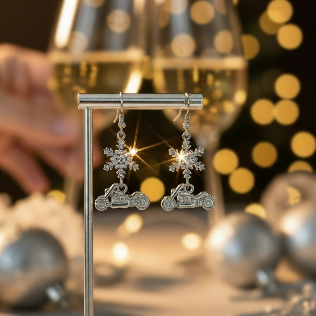 SK2705 Ladies Holiday Earrings Snowflake with Motorcycle