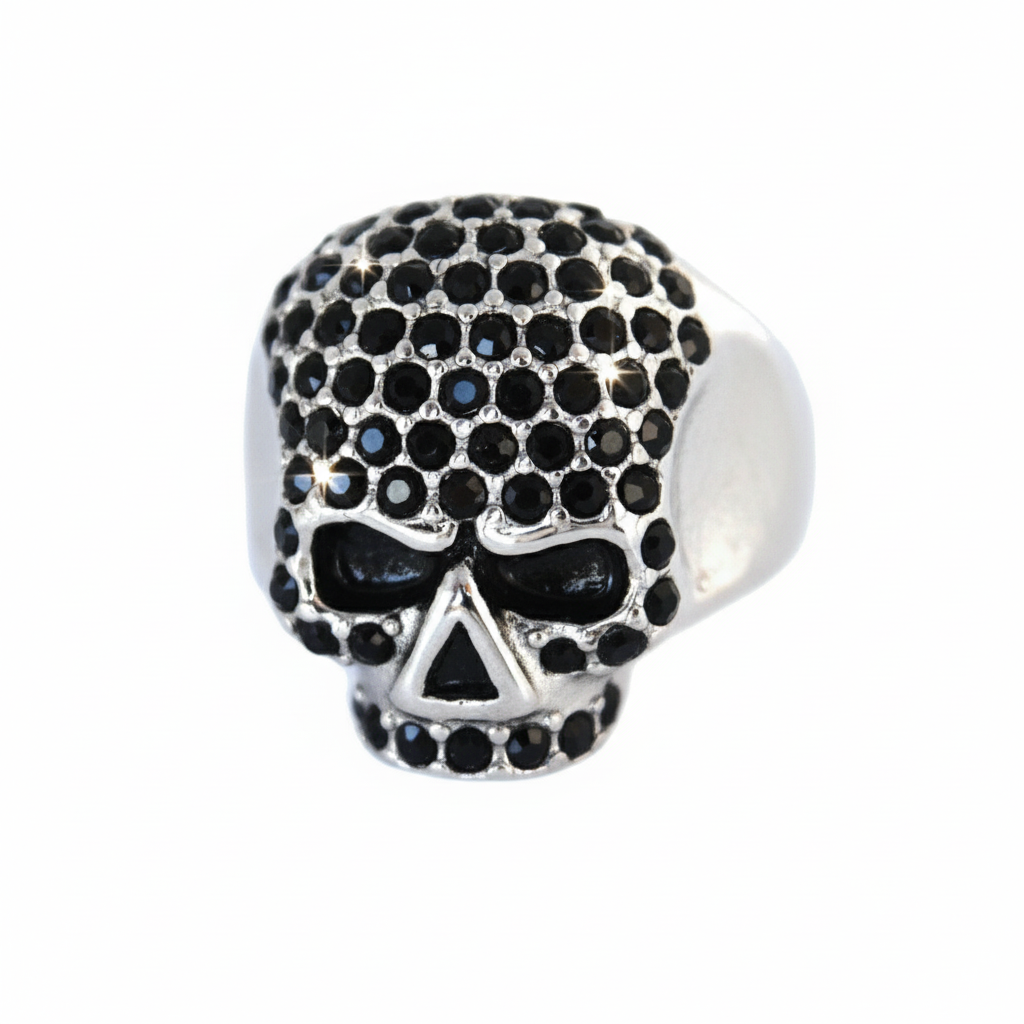 SK1075B Ladies Bling Skull Imitation Black Diamond Ring Stainless Steel Motorcycle Jewelry Size 6-10