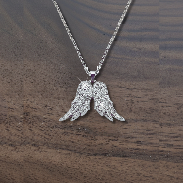 Women’s Fixed Double Angel Wing Necklace – Clear Crystal Jewelry