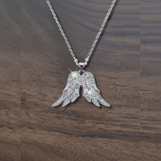 Women’s Fixed Double Angel Wing Necklace – Clear Crystal Jewelry