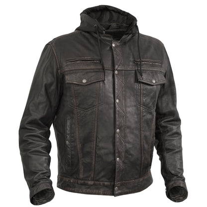 Men's Black Lightweight Drum Dyed  Distressed Lambskin Jacket with Removable Hoodie