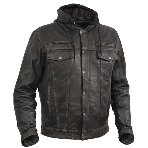 Men's Black Lightweight Drum Dyed  Distressed Lambskin Jacket with Removable Hoodie