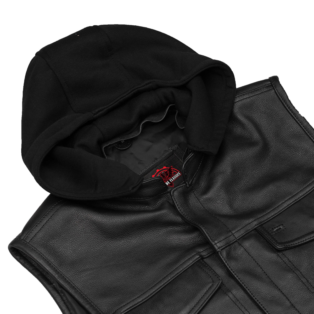 Men's Black Leather Motorcycle Vest with Removable Hood - view 7