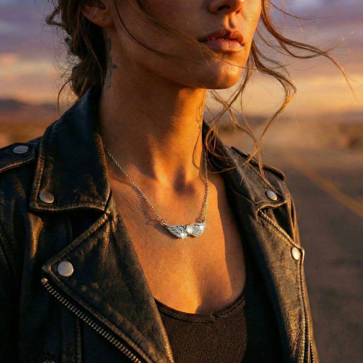 Women’s Double Angel Wing Necklace – Pear Crystal Motorcycle Jewelry