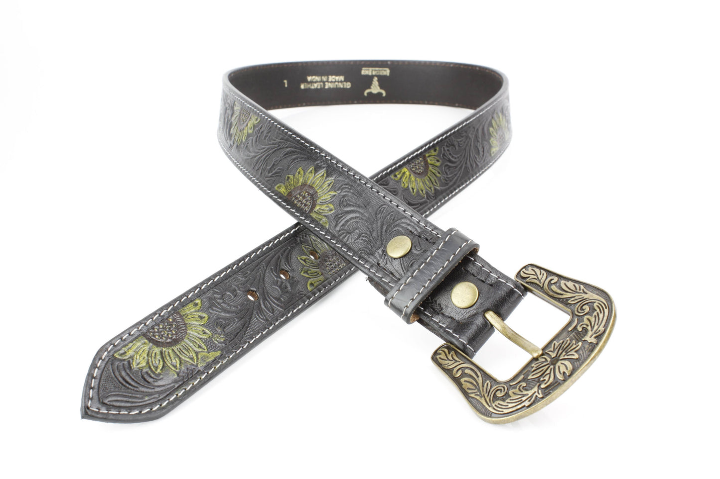 Black Tooled Leather Belt with Sunflower ABB 14-2623