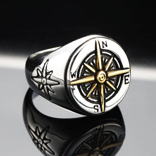 Vintage Round Compass Men's Titanium Steel Ring: Yellow Gold / 8