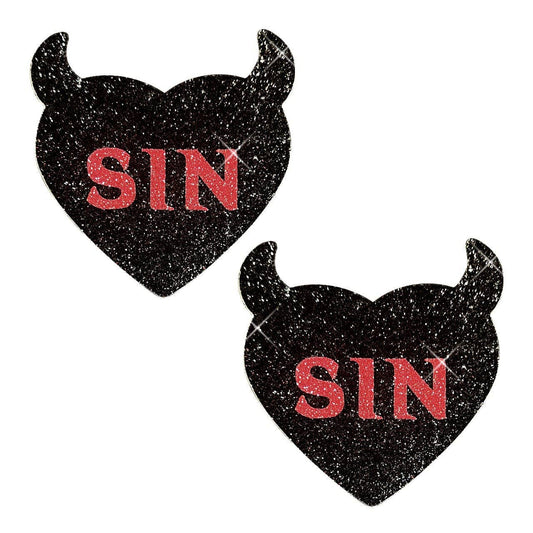 Sin City Black Devil Glitter Heart Nipple Cover Pasties: Red/Black