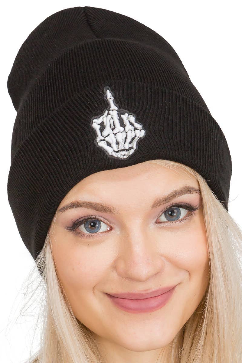 Middle Finger Up Skeleton Cuffed Classic Beanie: BLACK/WHITE / ONE SIZE