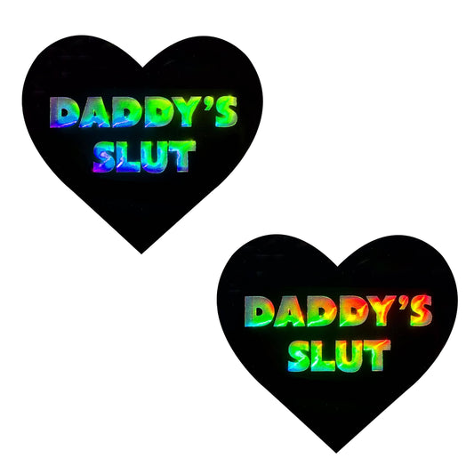 Daddy's Slut Dom I Heart U Holographic Nipple Cover Pasties: Black / O/S