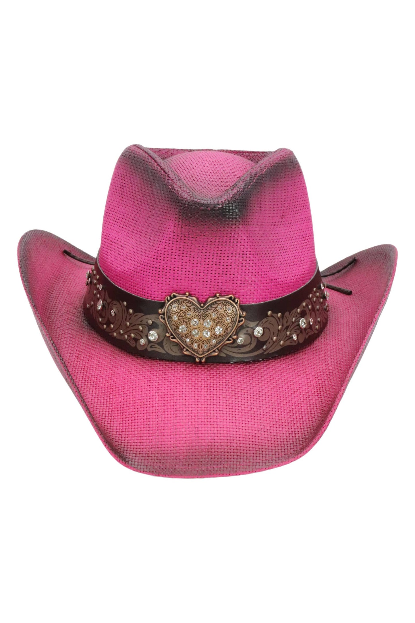 Heart Bling Rhinestone Belt Ombre Straw Cowboy Hat: Hot Pink