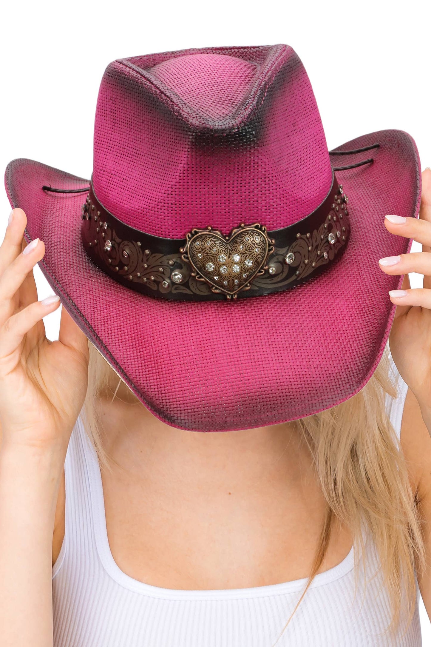 Heart Bling Rhinestone Belt Ombre Straw Cowboy Hat: Hot Pink