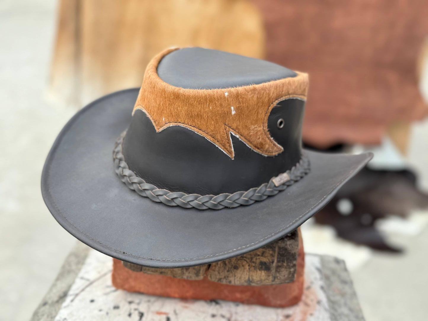Tri Brown & Black  Leather Cowboy Hat Western style Unisex: Black / Large