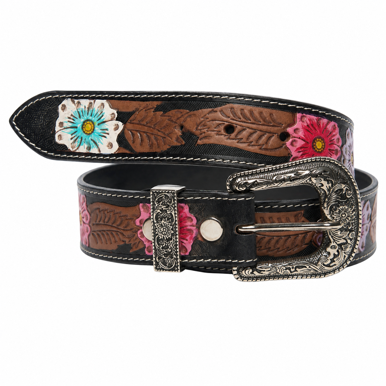 Tooled Leather Belt Turquoise Accent ABB 18 26104