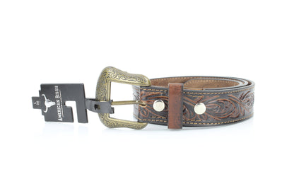 Floral Tooled Western Belt with Engraved Buckle ABB 031 BRWN