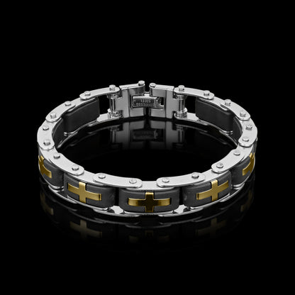 Stainless Steel And Gold Cross Bike Chain Bracelet