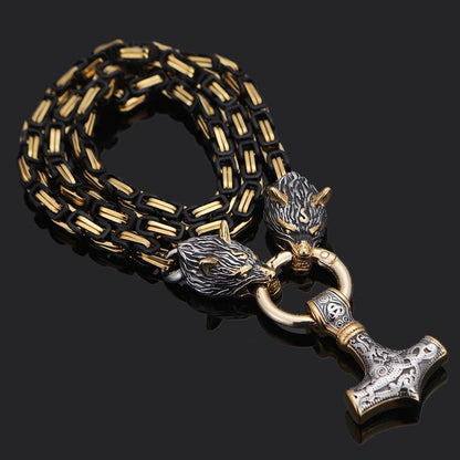 Viking Thor's Hammer Domineering Wolf Head Necklace: Yellow Gold / 50cm