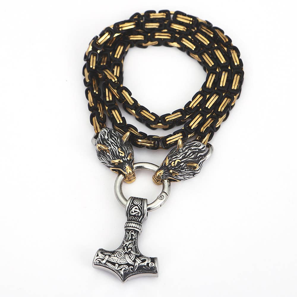 Viking Thor's Hammer Domineering Wolf Head Necklace: Yellow Gold / 50cm