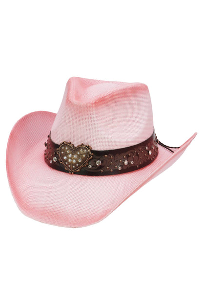 Heart Bling Rhinestone Belt Ombre Straw Cowboy Hat: Hot Pink