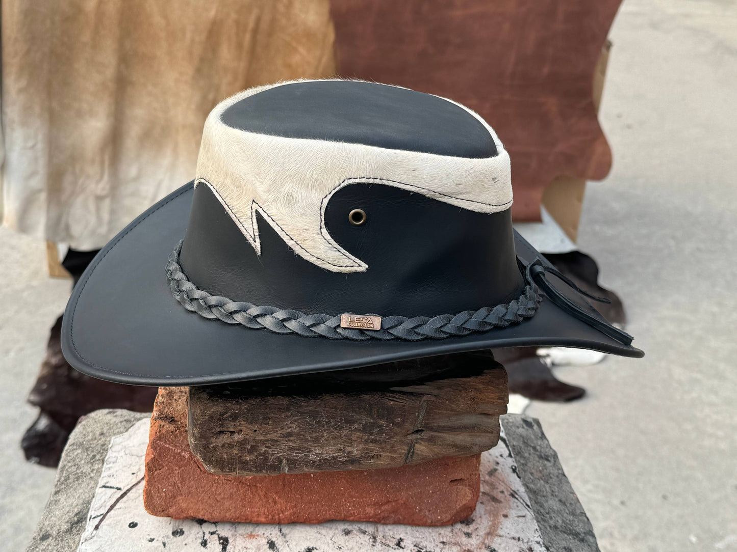 Tri Brown & Black  Leather Cowboy Hat Western style Unisex: Black / Large