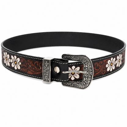 Tooled Leather Belt with White Floral Accent ABB 18 26108