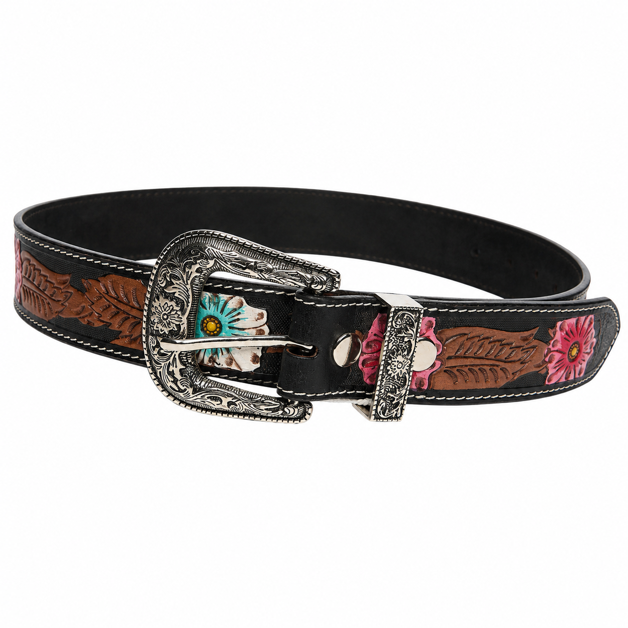 Tooled Leather Belt Turquoise Accent ABB 18 26104