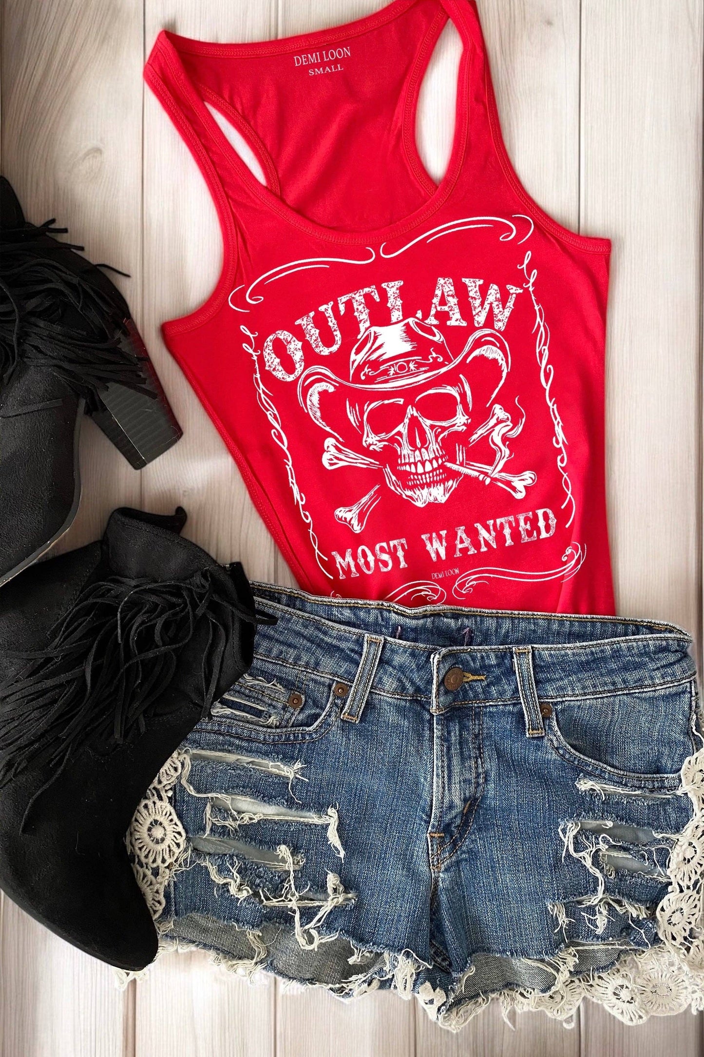 Outlaw Skull Cowboy Graphic Biker Cowgirl Country Tank Top: Black / L