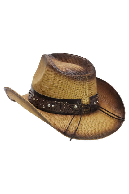 Heart Bling Rhinestone Belt Ombre Straw Cowboy Hat: Hot Pink