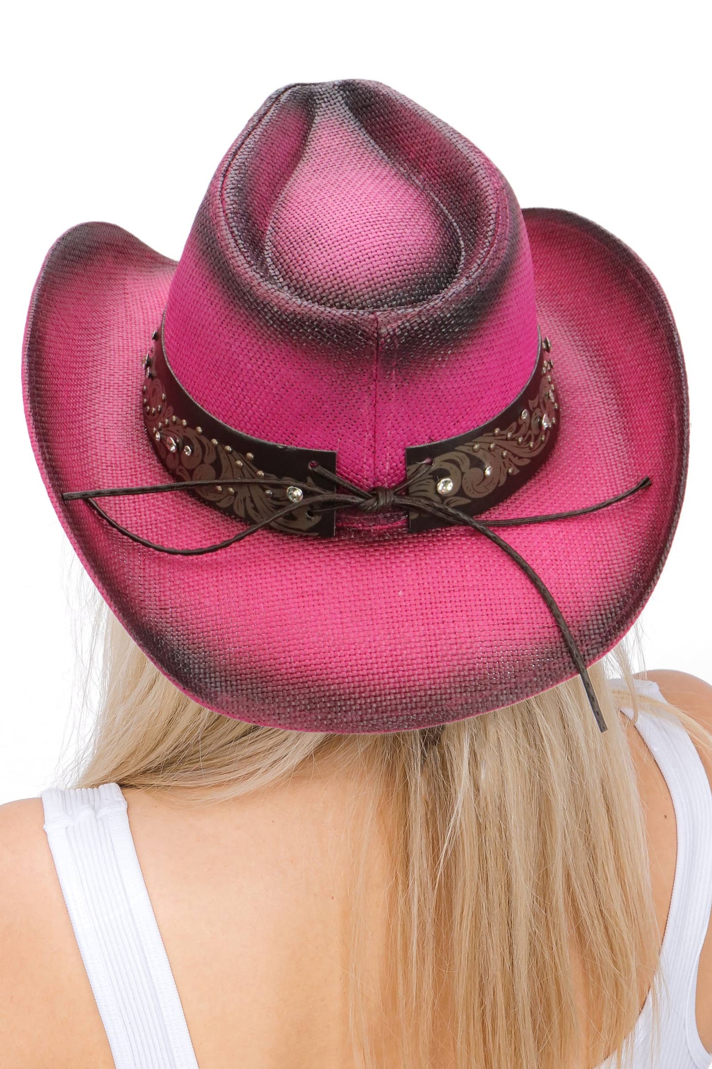 Heart Bling Rhinestone Belt Ombre Straw Cowboy Hat: Hot Pink