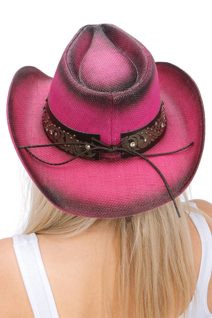 Heart Bling Rhinestone Belt Ombre Straw Cowboy Hat: Hot Pink