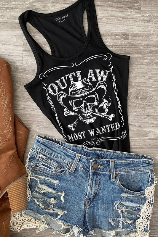 Outlaw Skull Cowboy Graphic Biker Cowgirl Country Tank Top: Black / S