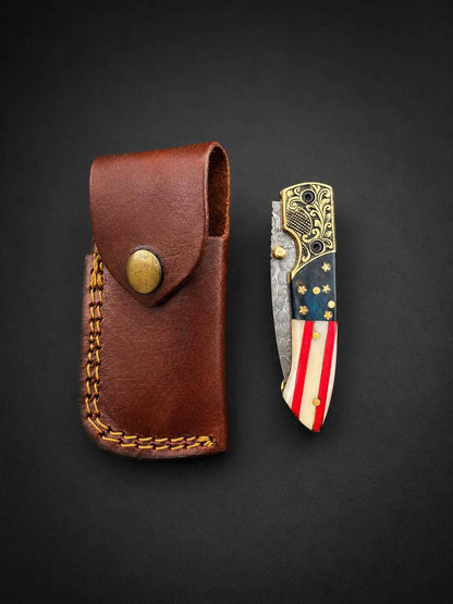 Premium Damascus Steel Folding Pocket Knife – Patriotic Edition with Leather Sheath TF-102
