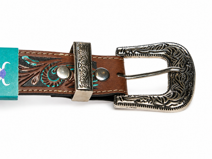 Filigree Leather Belt with Floral Turquoise ABB 18 26110