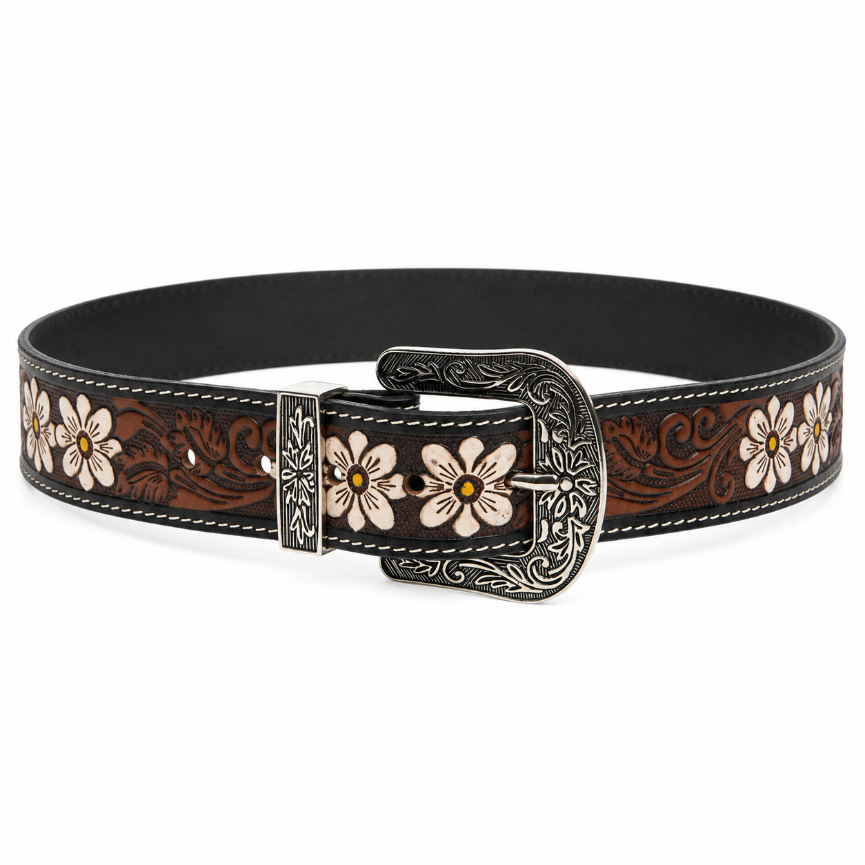 Tooled Leather Belt with White Floral Accent ABB 18 26108