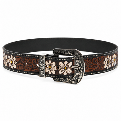 Tooled Leather Belt with White Floral Accent ABB 18 26108