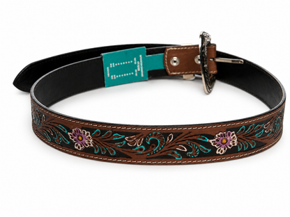 Filigree Leather Belt with Floral Turquoise ABB 18 26110