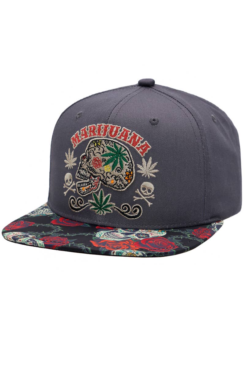 Marijuana Sugar Skull Rose Print Cotton Snapback: Black