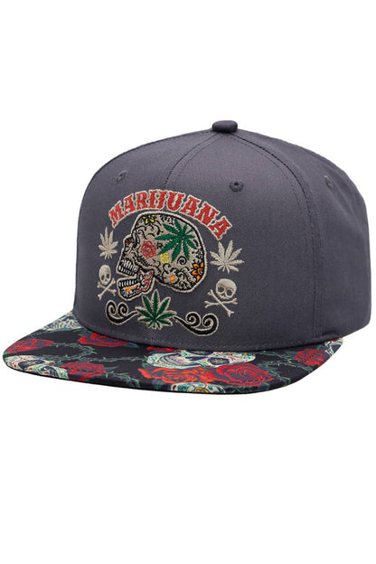 Marijuana Sugar Skull Rose Print Cotton Snapback: Black