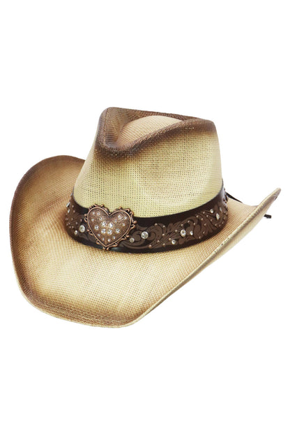 Heart Bling Rhinestone Belt Ombre Straw Cowboy Hat: Hot Pink