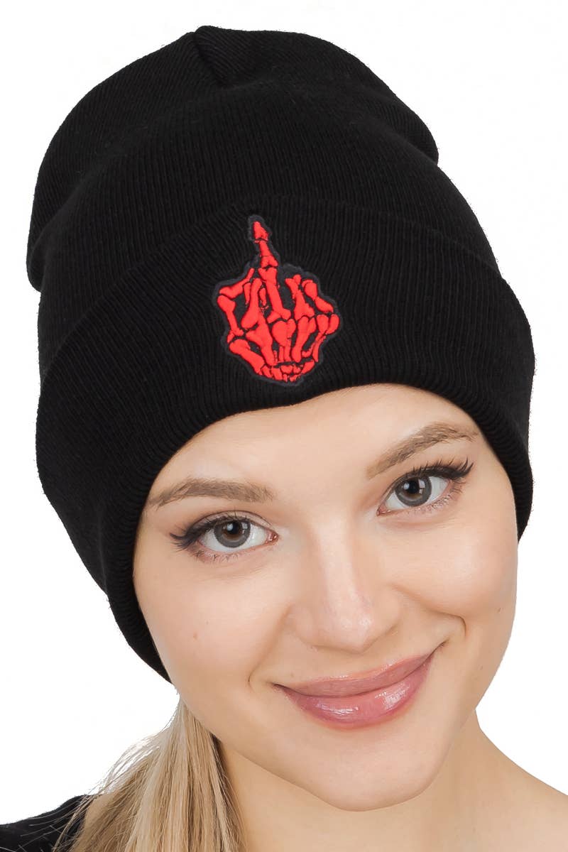 Middle Finger Up Skeleton Cuffed Classic Beanie: Black/White