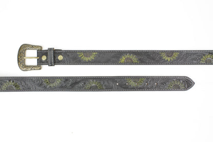 Black Tooled Leather Belt with Sunflower ABB 14-2623