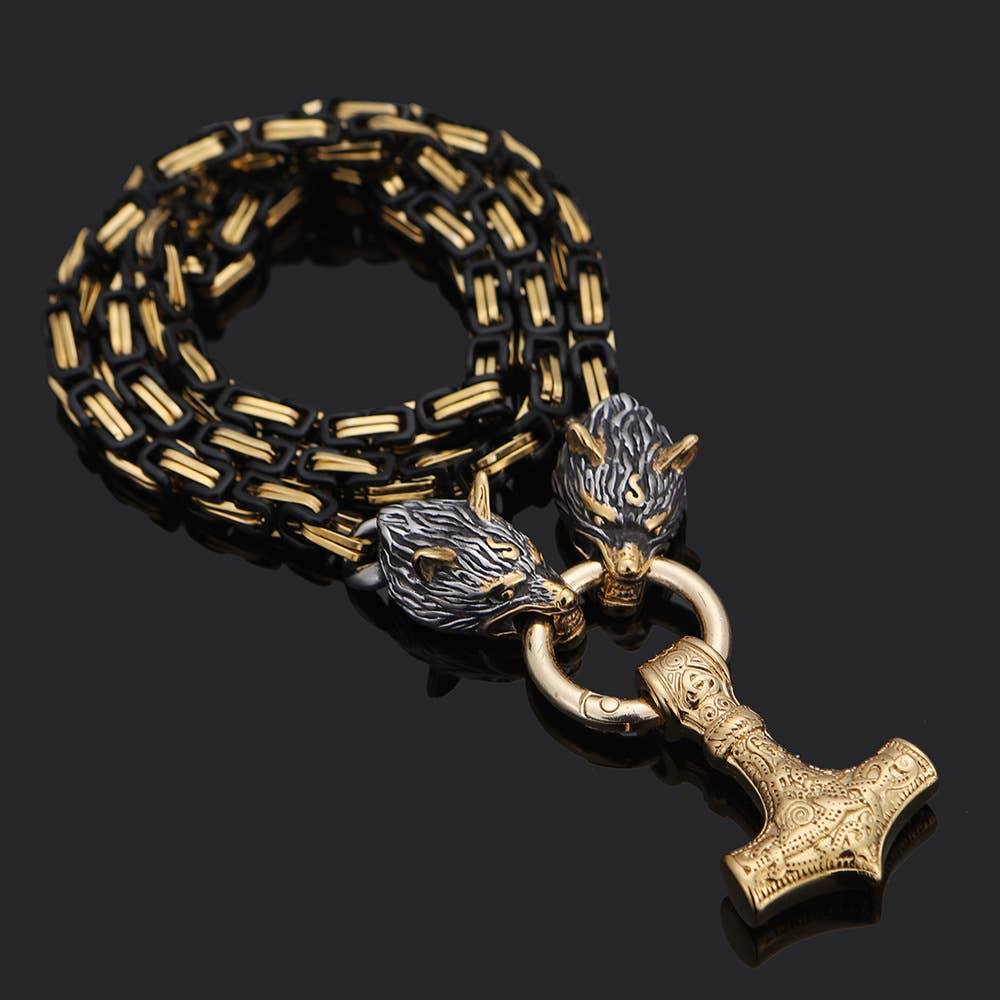 Viking Thor's Hammer Domineering Wolf Head Necklace: Yellow Gold / 50cm