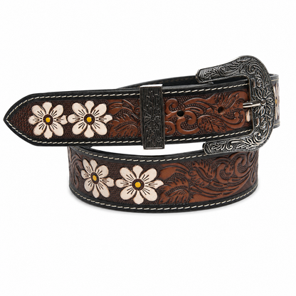Tooled Leather Belt with White Floral Accent ABB 18 26108
