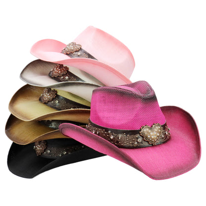 Heart Bling Rhinestone Belt Ombre Straw Cowboy Hat: Hot Pink