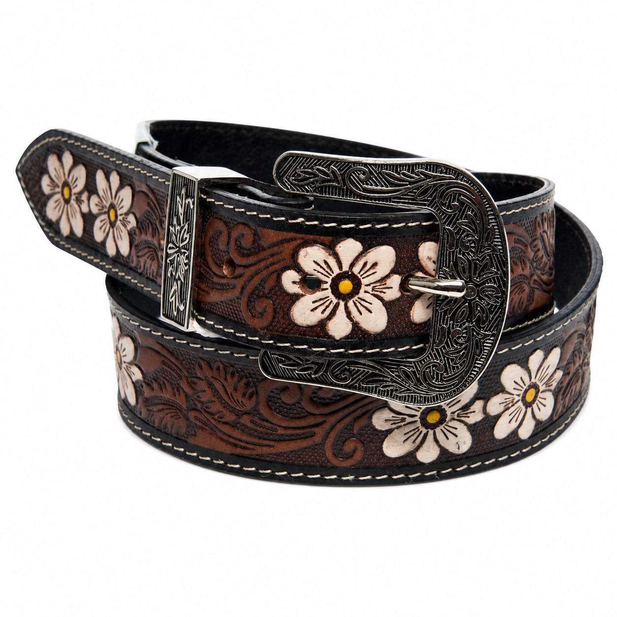 Tooled Leather Belt with White Floral Accent ABB 18 26108