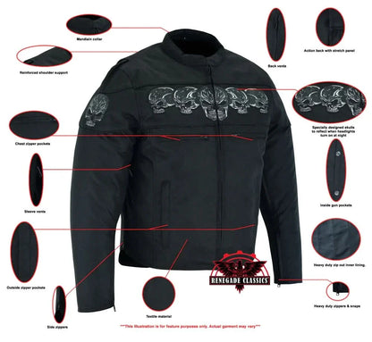 Men's Textile Scooter Style Jacket w/ Reflective Skulls