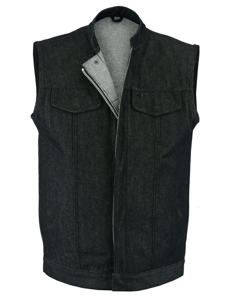 Men's Rough Rub-Off Raw Finish Motorcycle Denim Vest - Black