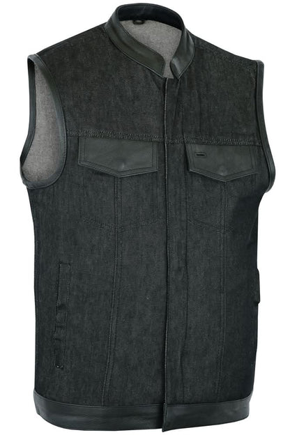 Men's Upgraded Rough Rub-Off Denim Motorcycle Vest w/Leather Trim