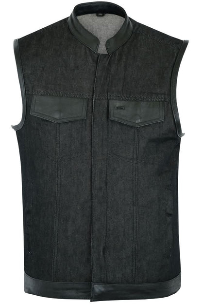Men's Upgraded Rough Rub-Off Denim Motorcycle Vest w/Leather Trim