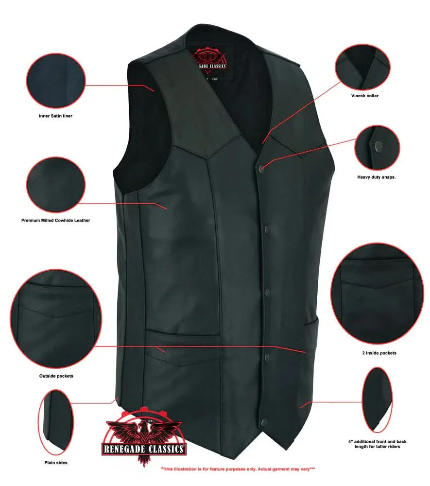 Men's Tall Classic Motorcycle Leather Vest - Black