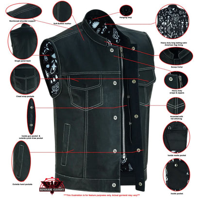 Men's Paisley Black Leather Motorcycle Vest with White Stitching